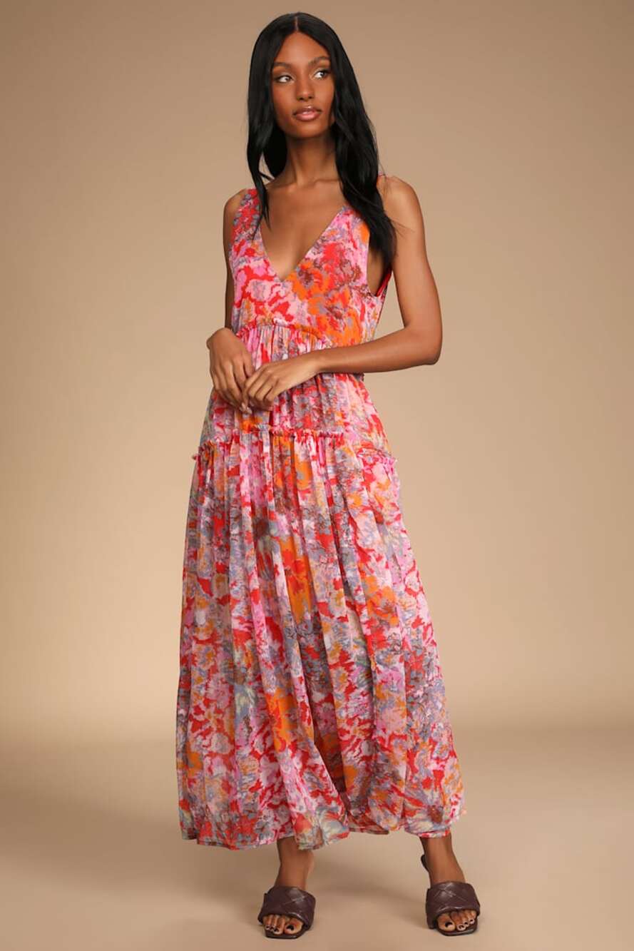 Free People Julianna Printed Chiffon Maxi Dress in Cherry Combo